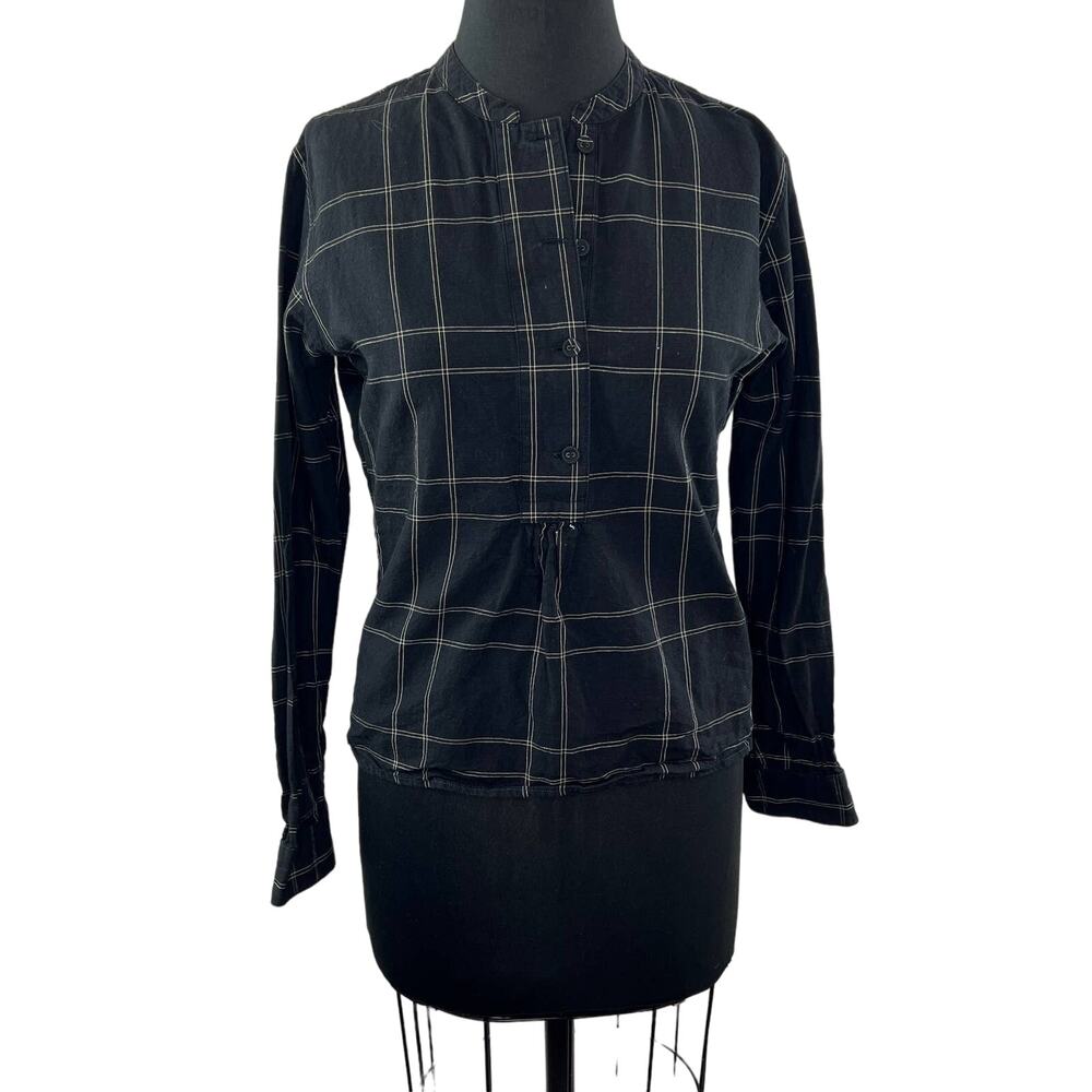 Ines de la Fressange UNIQLO Black Plaid Long Sleeve Button Up Popover Top S